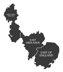North West England - East Midlands - East of England Map UK illustration