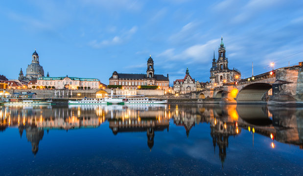 Dresden at night, Germany during twilight blue hour.