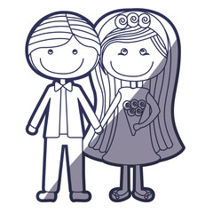 blue color contour caricature couple in wedding suit with bouquet vector illustration