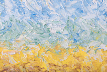 Summer abstract oil paint background. Sky, clouds,sea,beach. Palette knife paint texture