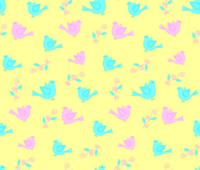vector seamless  pattern of  pink and blue birds and ornate flowers with yellow background