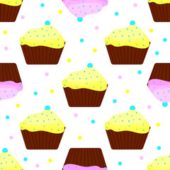 vector seamles pattern of cupcakes with yellow and pink icing