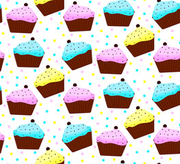 vector seamles pattern of cupcakes with blue, yellow, pinkl icing and chocolate sprinkles