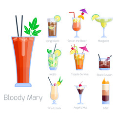 Set of alcoholic cocktails isolated fruit cold drinks tropical cosmopolitan freshness collection and party alcohol sweet tequila vector illustration.