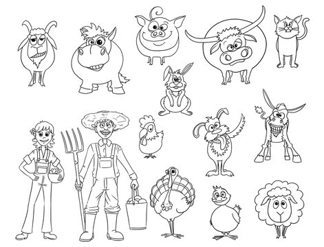 Set of Hand Drawn Vector Cartoon Farm Animals and Male and Female Farmers
