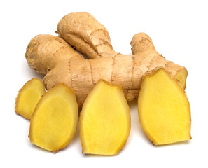 Fresh ginger root cut into cubes isolated on a white background