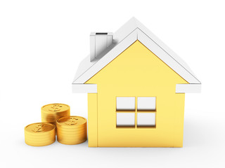 Golden house and stacks of coins isolated on white. 3D illustration
