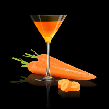 Carrot juice and fresh carrot isolated on black background