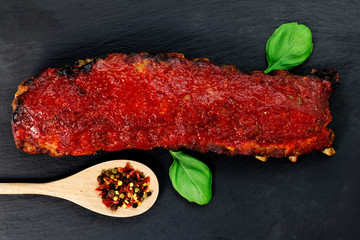 BBQ Rib pork spicy and honey grilled on slate stone plate