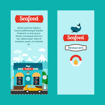 Seafood vertical flyers with shop building