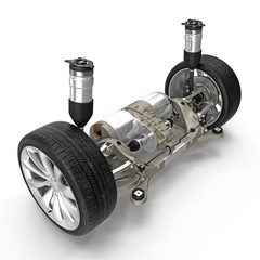 Electric car back suspension with new tire on white. 3D illustration