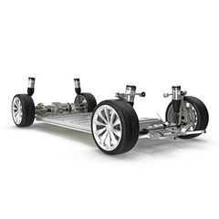 Electric car chassis with battery on white. 3D illustration