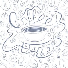 A cup of coffee with beautiful patterns and lettering. Coffee Time. Grains of coffee. Individual design for a coffee shop for home decor, for cards