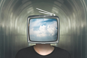 man with television heads in the clouds