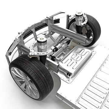 Car chassis with electric engine isolated on white. 3D illustration