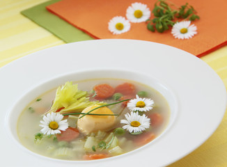 Spring vegetable soup. Easter soup with carrot, celery, peas and egg. Decorated by edible daisy flowers and cress herbs. Close up view.