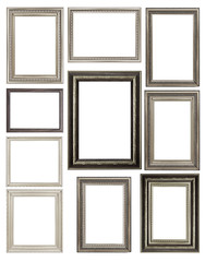 collection of vintage silver and wood picture frame, isolated on white