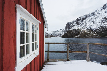Traditional red cabins of Norway