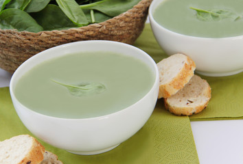 Vegetable spinach soup. Close up view.