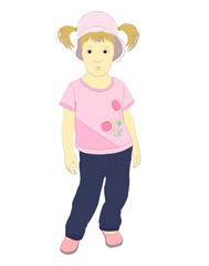 Little girl in a pink t-shirt, blue jeans, panama. Vector illustration.