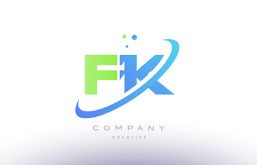 fk f k alphabet green blue swoosh letter logo icon design