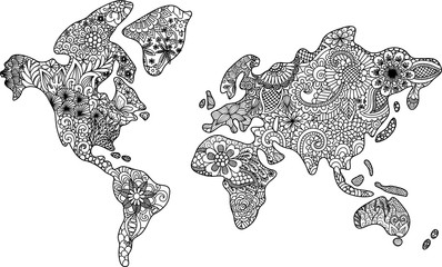 Floral world map zendoodle design for t shirt design,design element and adult coloring book pages. Vector illustration