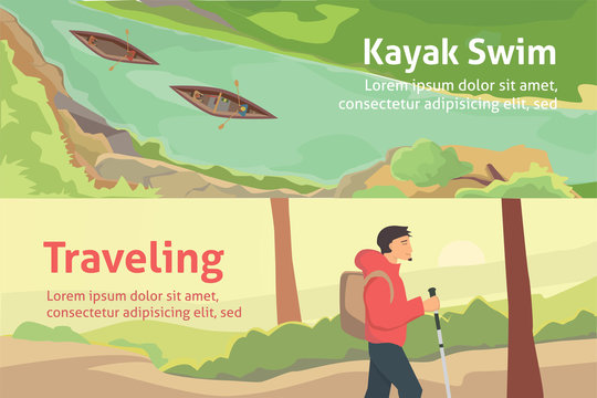 Colourful banner set for your business, web sites etc. Best trips and camping, kayaking. Isolated vector illustration.