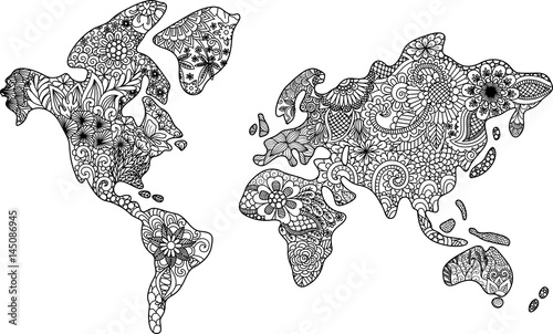 "floral world map zendoodle design for t shirt design
