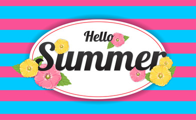 Summer Flowers frame or Summer floral Design on stripe background