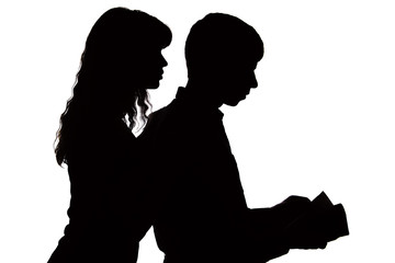 The silhouette of a woman controlling the salary of a family and peering into the wallet