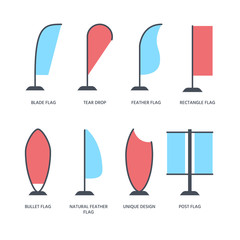 Advertising exhibition bow flags, promotion design elements flat icons. Different shape types - tear drop, blade, rectangle, feather, bullet. Trade objects signs.