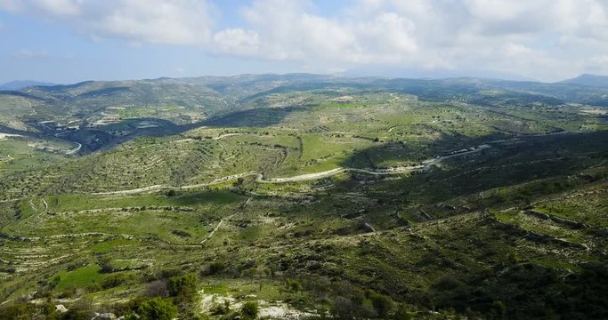 Flight over the cedar valley. landscape of mountains in the mist Cyprus.Drone Point of View Platres in the Troodos. Cyprus. Aerial View. Flying over the mountains 