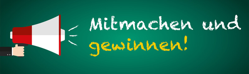 Mitmachen und gewinnen! Megafon auf grüner Tafel - Flat Design