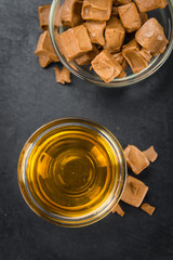 Syrup (Caramel taste) (selective focus, close-up shot)