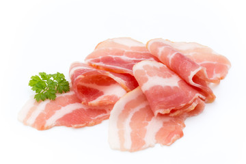 Bacon isolated on white background. Delikatese food.