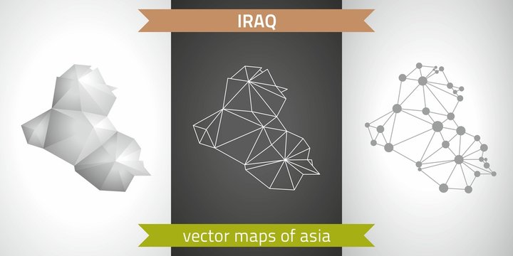 Iraq set of grey and silver mosaic 3d polygonal maps. Graphic vector triangle geometry outline shadow perspective maps