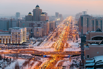 View from above on a large avenue that goes to the horizon in Astana, Kazakhstan