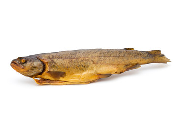 Smoked trout in front of a white background.