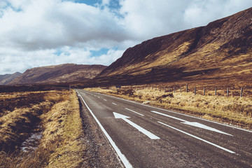 Open road in Glencoe, Scotland. Scottish Highlands.