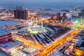 Fototapeta na wymiar View from above on the evening mosque of Nur Astana in Astana, Kazakhstan.