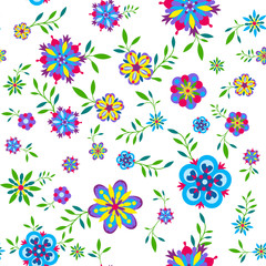 Plant seamless pattern with flowers and leaves. Vector illustration