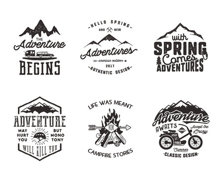 Hiking adventure and outdoor explorer typography labels set. Outdoors activity inspirational quotes. Silhouette hipster logos. Best for t shirts, mugs. Vector patches isolated on white background
