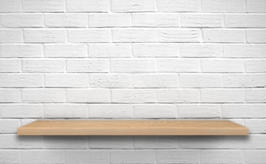 Empty wooden shelf on brick wall. 3d rendering