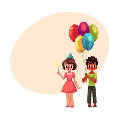 Black boy with bunch of balloons and caucasian girl in birthday cap, cartoon vector illustration with space for text. Two kids, boy and girl, holding birthday balloons and star stick