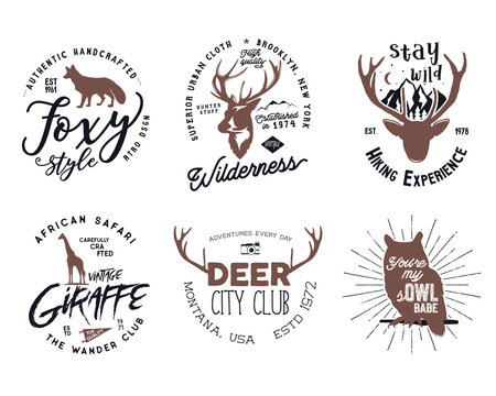 Wild animal badges set. Included giraffe, owl, fox and deer shapes. Stock vector isolated on white background. Good for tee designs, mugs, logotype.