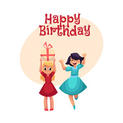 Happy birthday vector greeting card, poster, banner design with Two girls at birthday party, one dancing, jumping excitedly, another holding big gift. Happy girls having fun at birthday party