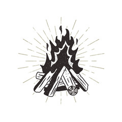 Hand drawn campfire illustration. Sunbursts included. Outdoor camping themed print for t-shirt, isolated on white background. Letterpress old style © jeksonjs