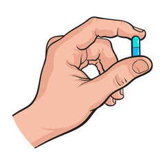 Hand holding two piece blue gelatin capsule by two fingers, side view sketch style vector illustration on white background. Drawing of hand holding pill, capsule, medicine by two fingers