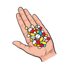 Hand holding pile of colorful pills, tablets in open palm with straight fingers, sketch style vector illustration on white background. Hand drawn hand holding many pills, medicine in open palm