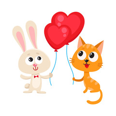 Cute and funny rabbit and cat holding red heart shaped balloon, cartoon vector illustration isolated on white background. Bunny and kitten holding heart balloon, birthday greeting decoration elements